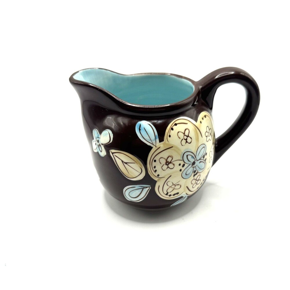 Pier 1 Cassidy Creamer Brown w/ Blue/Teal & White Floral Motifs Hand-Painted